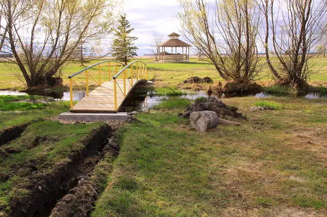 Footbridge and gazebo in a park